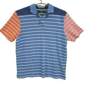 Vineyard Vines Blue Striped Polo with Orange and Pink Sleeves